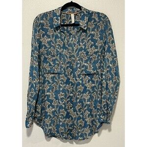 Pilcro Leilani Teal Blue Button Down Shirt Women’s Medium Damask Print Boho